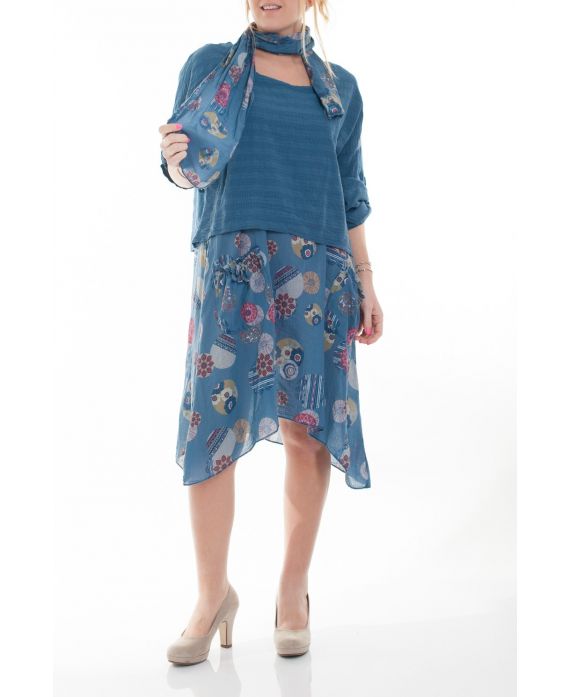 GRANDE TAILLE ENSEMBLE ROBE + FOULARD 6071 BLEU