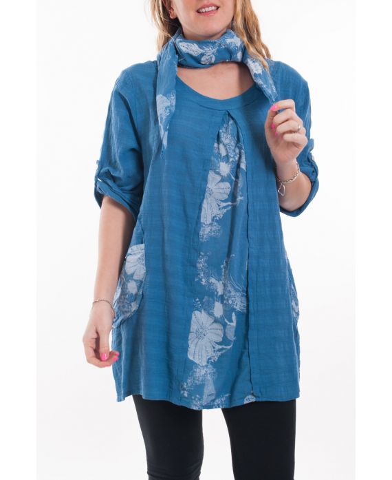 GRANDE TAILLE ENSEMBLE TUNIQUE + FOULARD 6072 BLEU