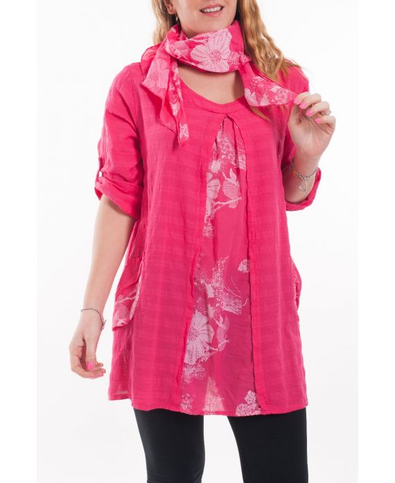 GRANDE TAILLE ENSEMBLE TUNIQUE + FOULARD 6072 FUSHIA