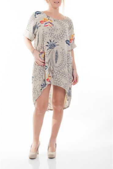 LARGE SIZE TUNIC DRESS PRINTED 6074 BEIGE