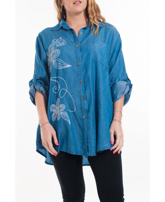 DI GRANDI DIMENSIONI DENIM SHIRT STAMPE 6049 BLU