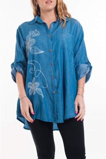 DI GRANDI DIMENSIONI DENIM SHIRT STAMPE 6049 BLU