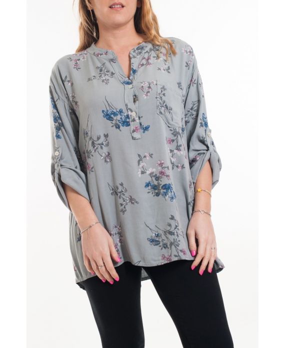 GROOT FORMAAT LINNEN BLOUSE BLOEMEN 6052 GRIJS