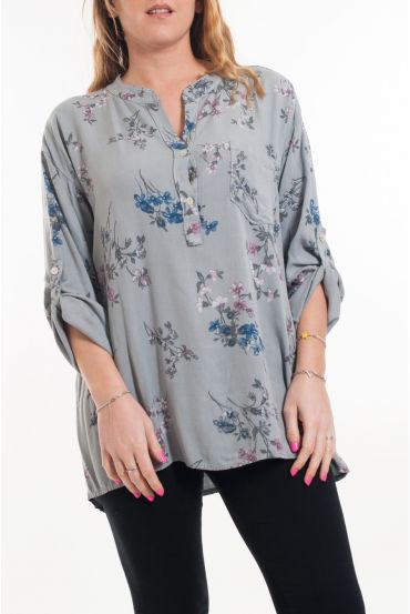 GROOT FORMAAT LINNEN BLOUSE BLOEMEN 6052 GRIJS