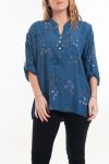 GROßE GRÖßE BLUSE LEINEN BLUMEN 6052 BLAU