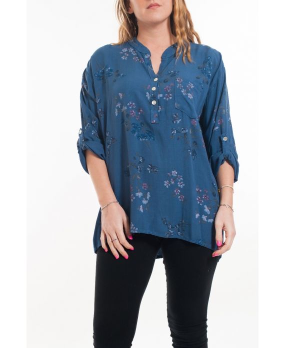 LARGE SIZE BLOUSE LINEN FLOWERS 6052 BLUE