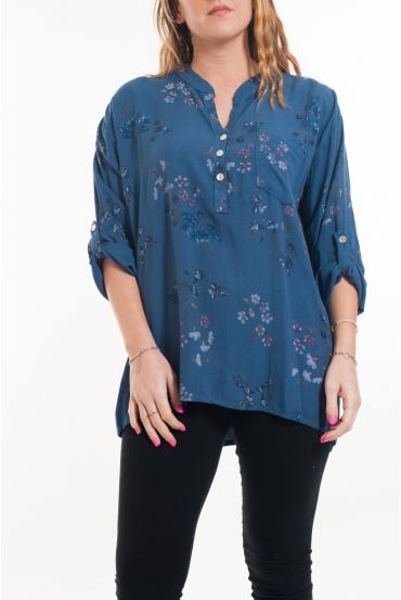 LARGE SIZE BLOUSE LINEN FLOWERS 6052 BLUE