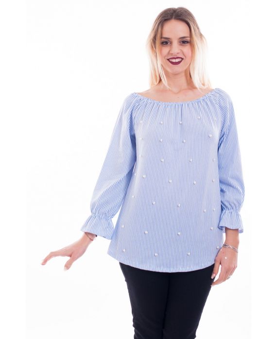 BLOUSE RAYEE PERLES 7009 BLEU