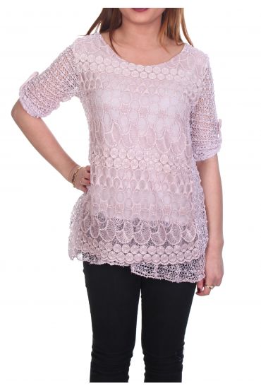 GRANDE TAILLE TUNIQUE MIX MATIERES 6057 ROSE