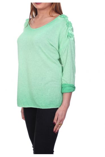 T-SHIRT EPAULES FLEURS 7017 VERT