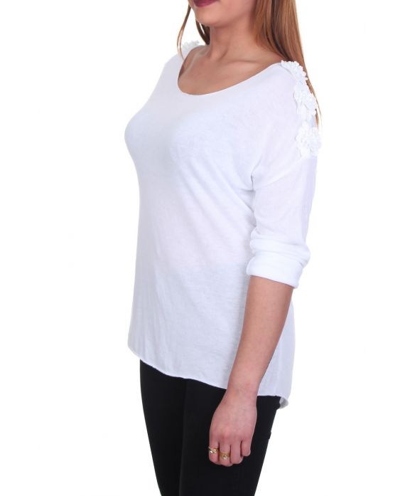 T-SHIRT EPAULES FLEURS 7017 BLANC