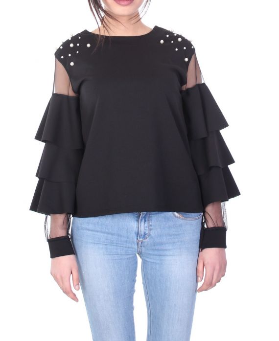 BLOUSE A VOLANTS PERLES 7026 NOIR