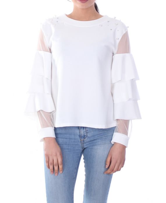 BLOUSE A VOLANTS PERLES 7026 BLANC