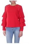 BLOUSE A VOLANTS PERLES 7026 ROUGE