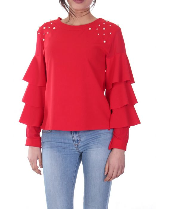 BLOUSE A VOLANTS PERLES 7026 ROUGE