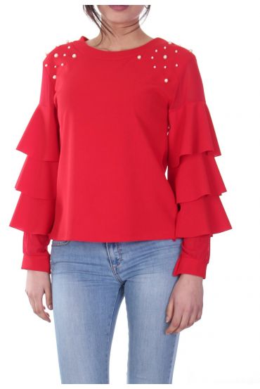 BLOUSE A VOLANTS PERLES 7026 ROUGE