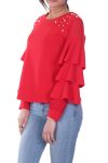 BLOUSE A VOLANTS PERLES 7026 ROUGE