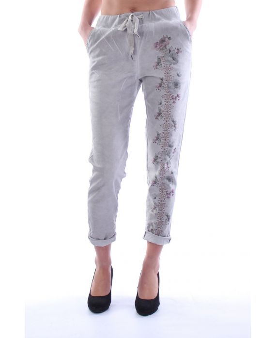 PANTALON EFFET DELAVE FLEURS 7032 GRIS