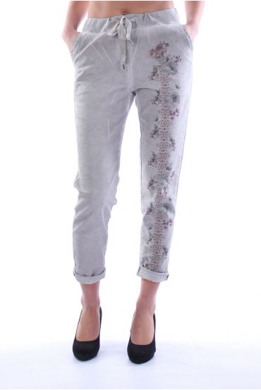 PANTALON EFFET DELAVE FLEURS 7032 GRIS