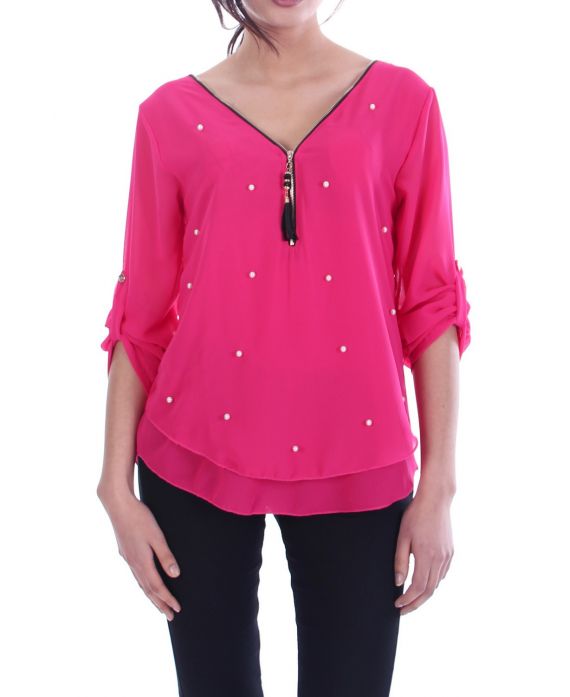 TOP RITSEN PARELS TERUG KRUISEN 7043 FUSHIA