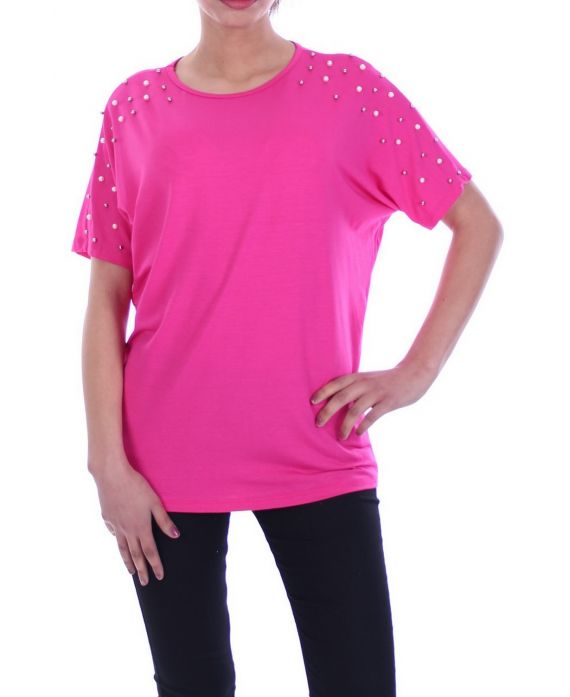 T-SHIRT CLOUTE PERLES 7055 FUSHIA