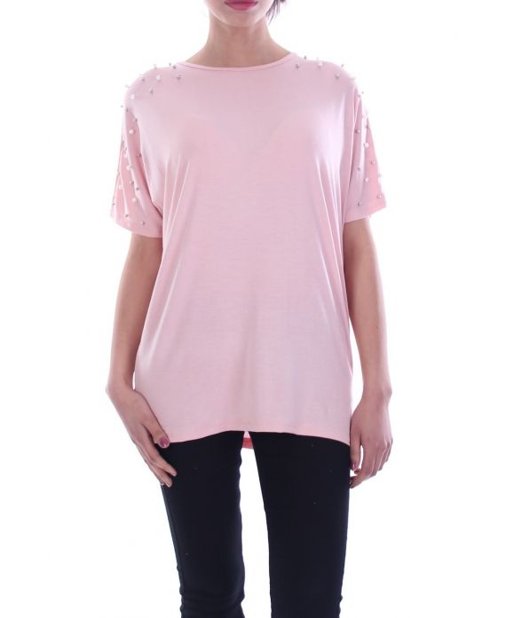 T-SHIRT CLOUTE PERLES 7055 ROSE