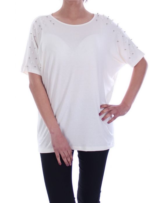 T-SHIRT CLOUTE PERLES 7055 BLANC