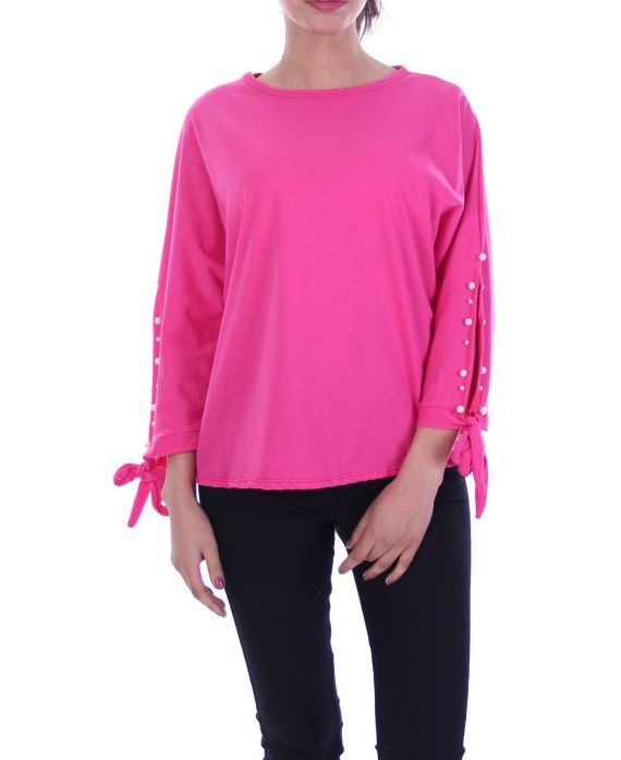 T-SHIRT MANCHES PERLES A NOUER 9000 FUSHIA