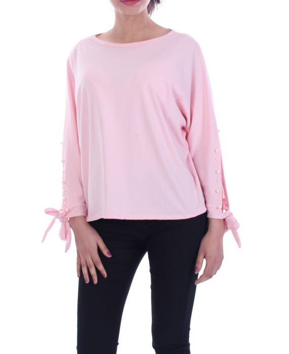 T-SHIRT MANICHE PERLINE CRAVATTA 9000 ROSA