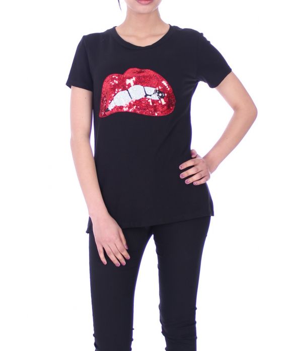 T-SHIRT PAILLETTES PERLES 6006 NOIR