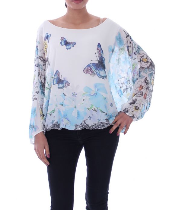 TOP GORDIJN MET PRINTS 9026 BLAUW