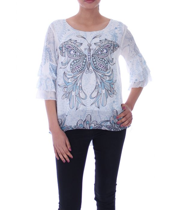 TOP GORDIJN MET PRINTS 9025 BLAUW