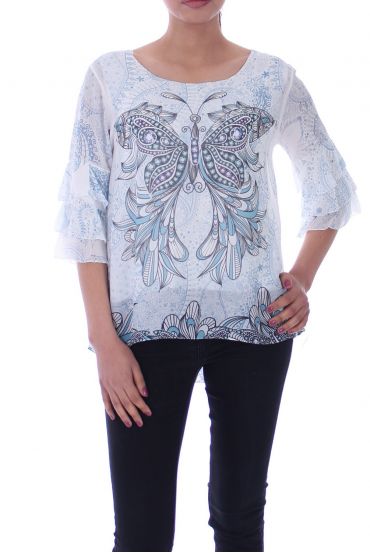 TOP GORDIJN MET PRINTS 9025 BLAUW