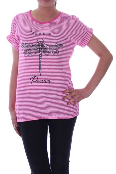 T-SHIRT IMPRIME STRASS 9020 FUSHIA