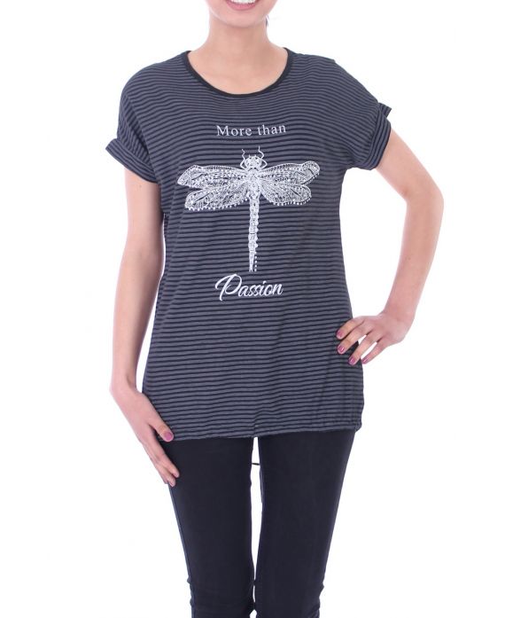 T-SHIRT IMPRIME STRASS 9020 NOIR