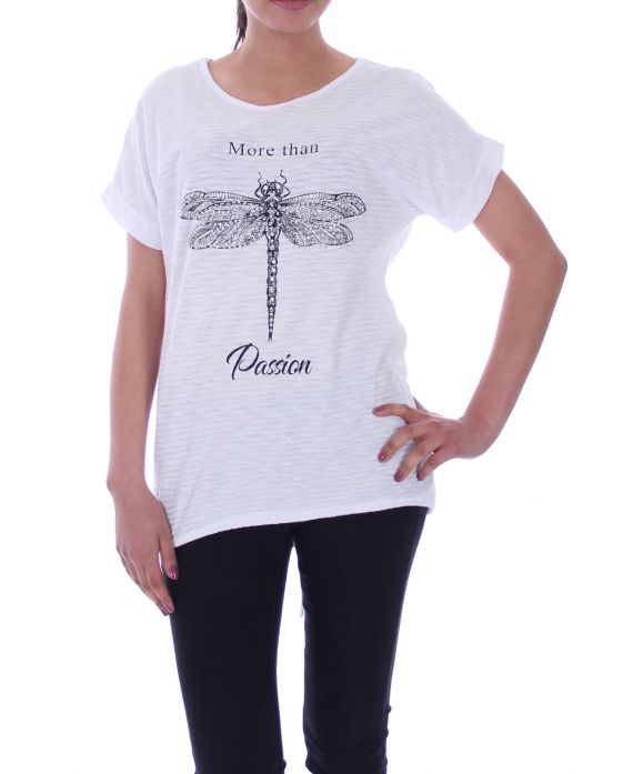 T-SHIRT IMPRIME STRASS 9020 BLANC