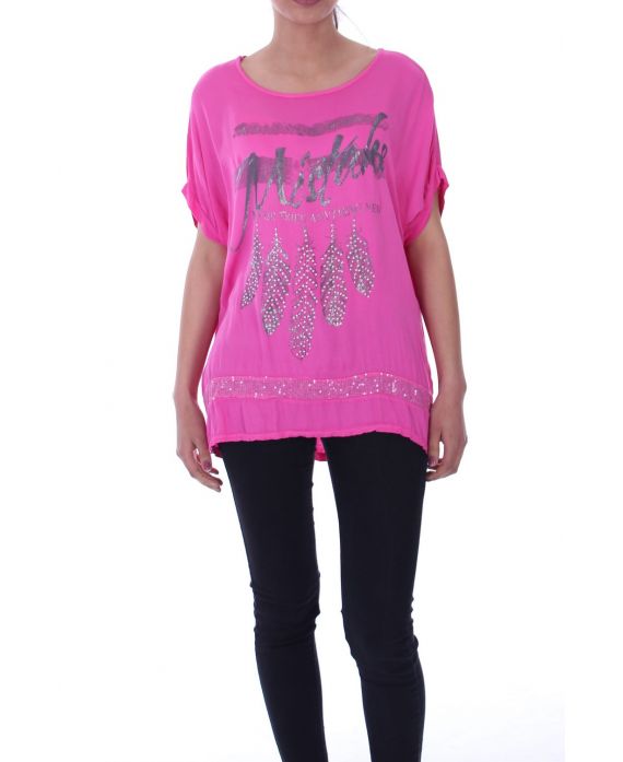 T-SHIRT DI PIUME STRASS 9029 FUSHIA