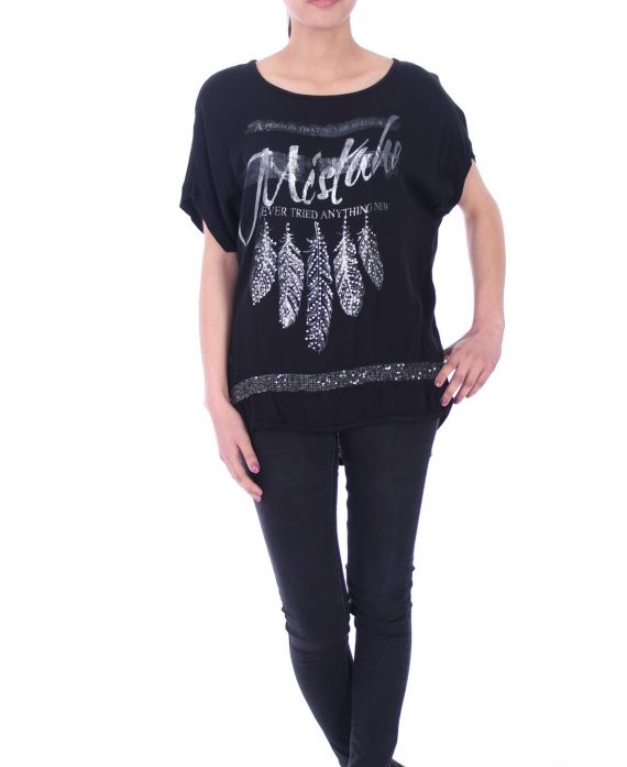 T-SHIRT FEATHER RHINESTONE 9029 BLACK