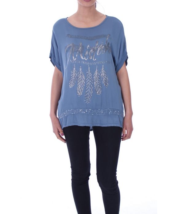 T-SHIRT FEATHER STRASS 9029 BLAUW