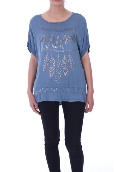 T-SHIRT FEATHER RHINESTONE 9029 BLUE