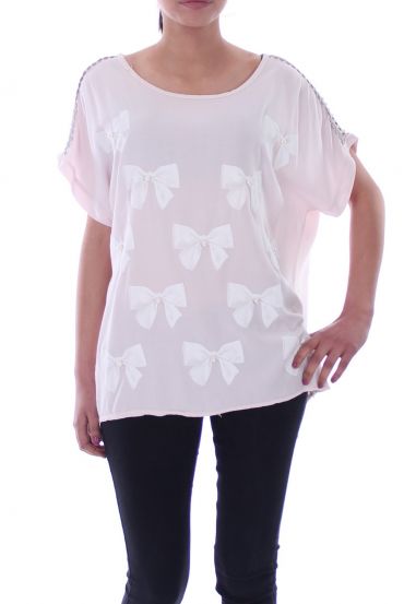 T-SHIRT NŒUD PERLES 9030 ROSE