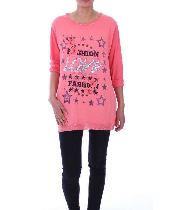 T-SHIRT IMPRIME PAILLETTES LOVE 5099 CORAIL