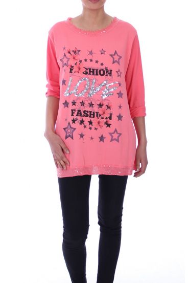 T-SHIRT IMPRIME PAILLETTES LOVE 5099 CORAIL