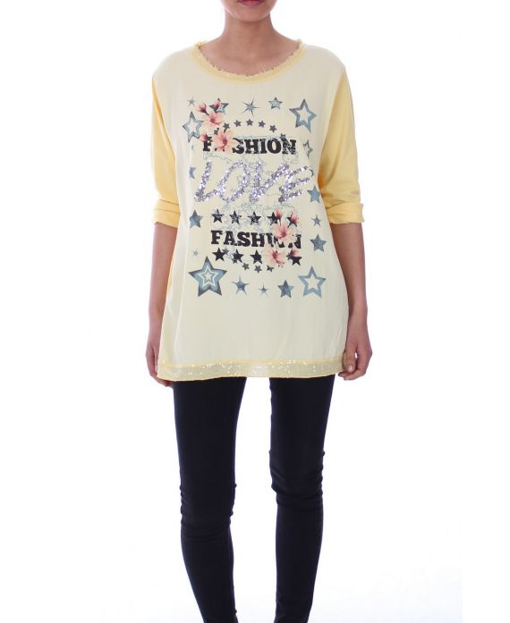 T-SHIRT IMPRIME PAILLETTES LOVE 5099 JAUNE