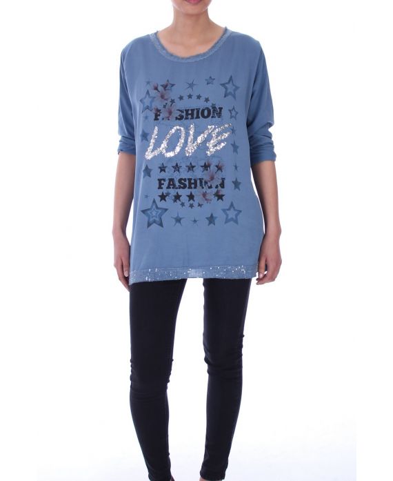 T-SHIRT GEDRUCKT PAILLETTEN LOVE 5099 BLAU