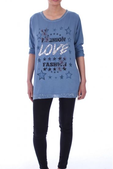 T-SHIRT GEDRUCKT PAILLETTEN LOVE 5099 BLAU