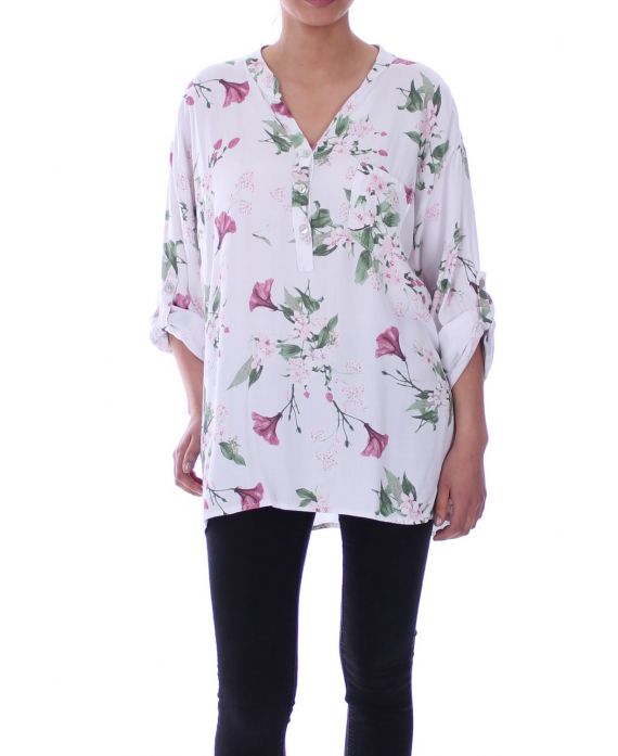 GROßE GRÖßE BLUSE LEINEN BLUMEN 6046 WEIß