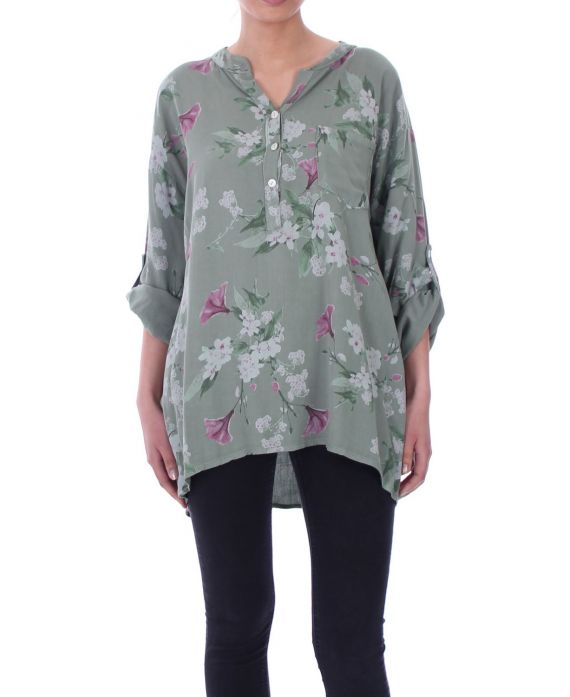 LARGE SIZE BLOUSE LINEN FLOWERS 6046 MILITARY GREEN