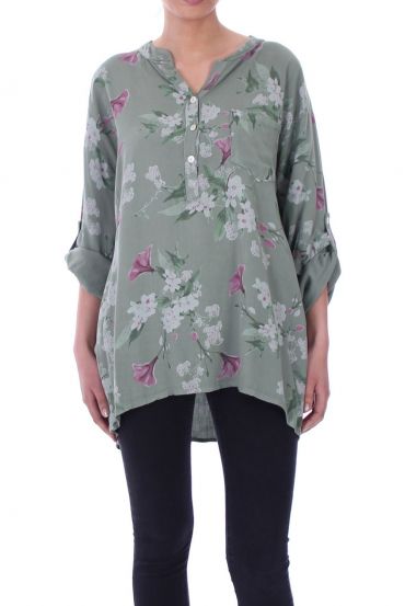 GROOT FORMAAT LINNEN BLOUSE BLOEMEN 6046 MILITAIRE GROEN