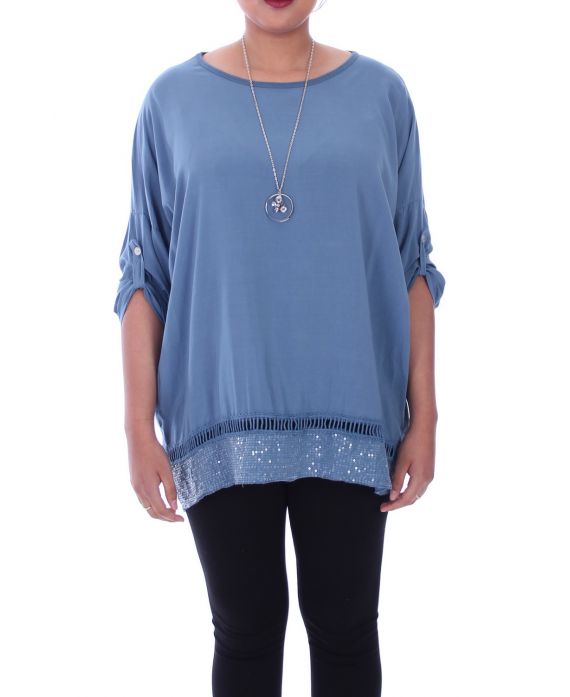 LARGE SIZE TUNIC SEQUINS + NECKLACE 1010 BLUE